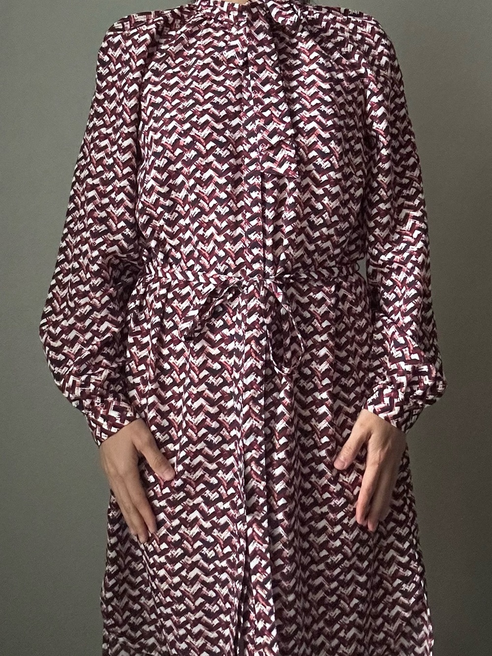 Ann Taylor Burgundy and White Long Sleeve Tie-Waist Dress